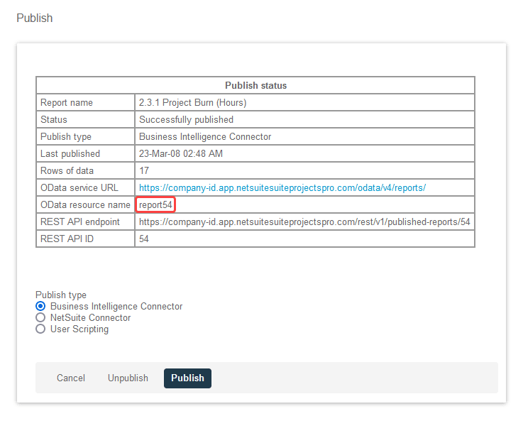 Locating the OData resource name from the Publish status summary.