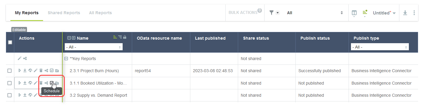 Saved reports list including the Schedule action.