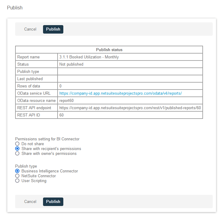 Publish report page showing publish status summary, permission setting, and report scope of use.