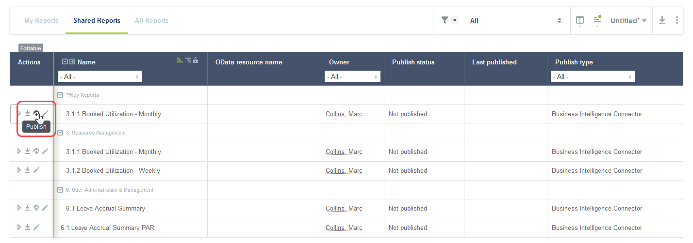 Saved reports list including the Publish action.