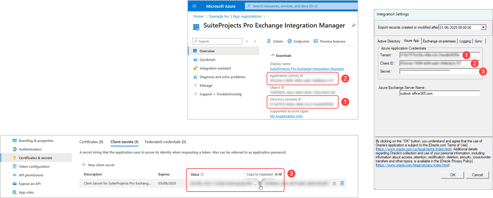 Application information in Microsoft Azure and Integration Settings Azure app tab in Exchange Integration Manager.