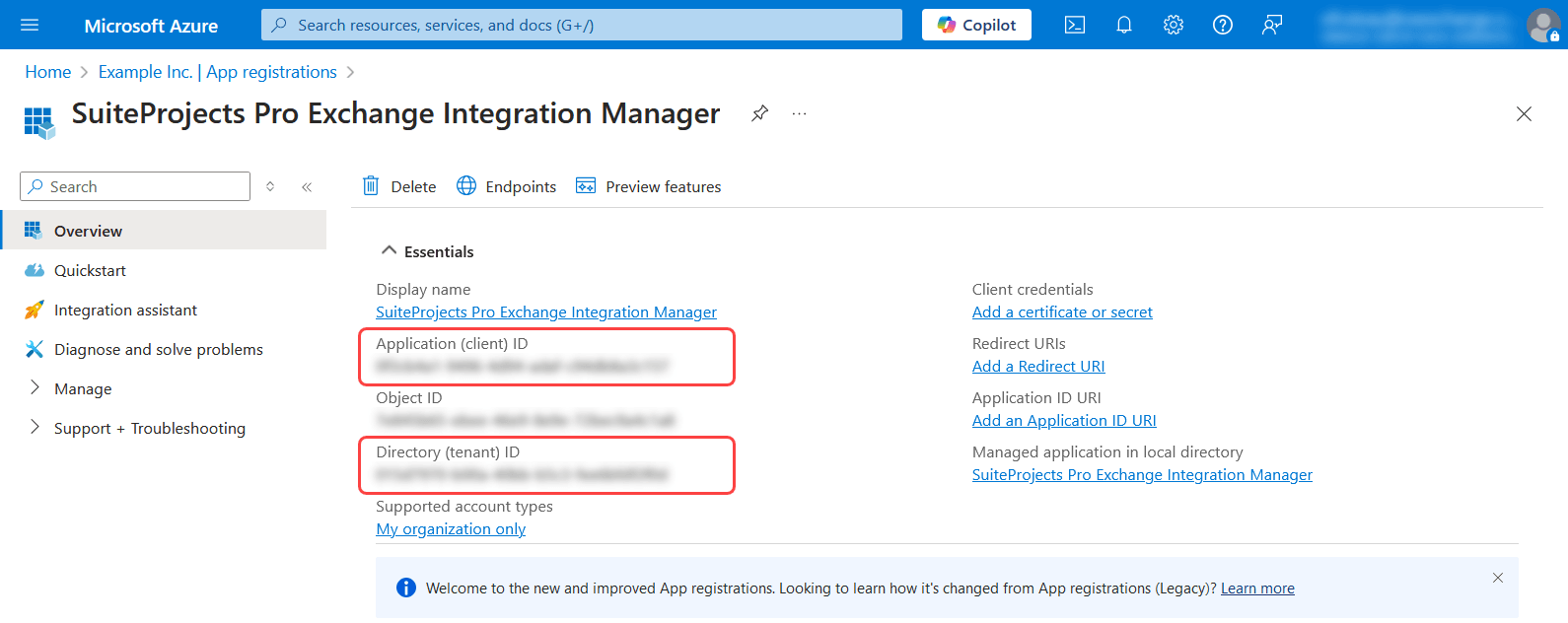 Application Overview page for Exchange Integration Manager in Microsoft Azure.