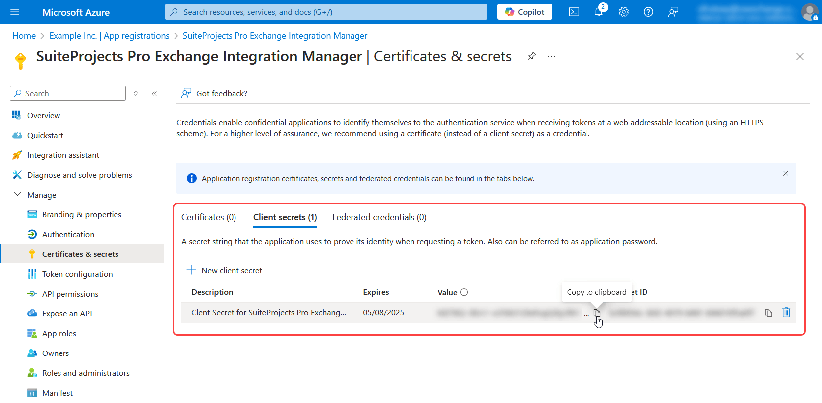 Certificates and Secrets page for Exchange Integration Manager in Microsoft Azure.
