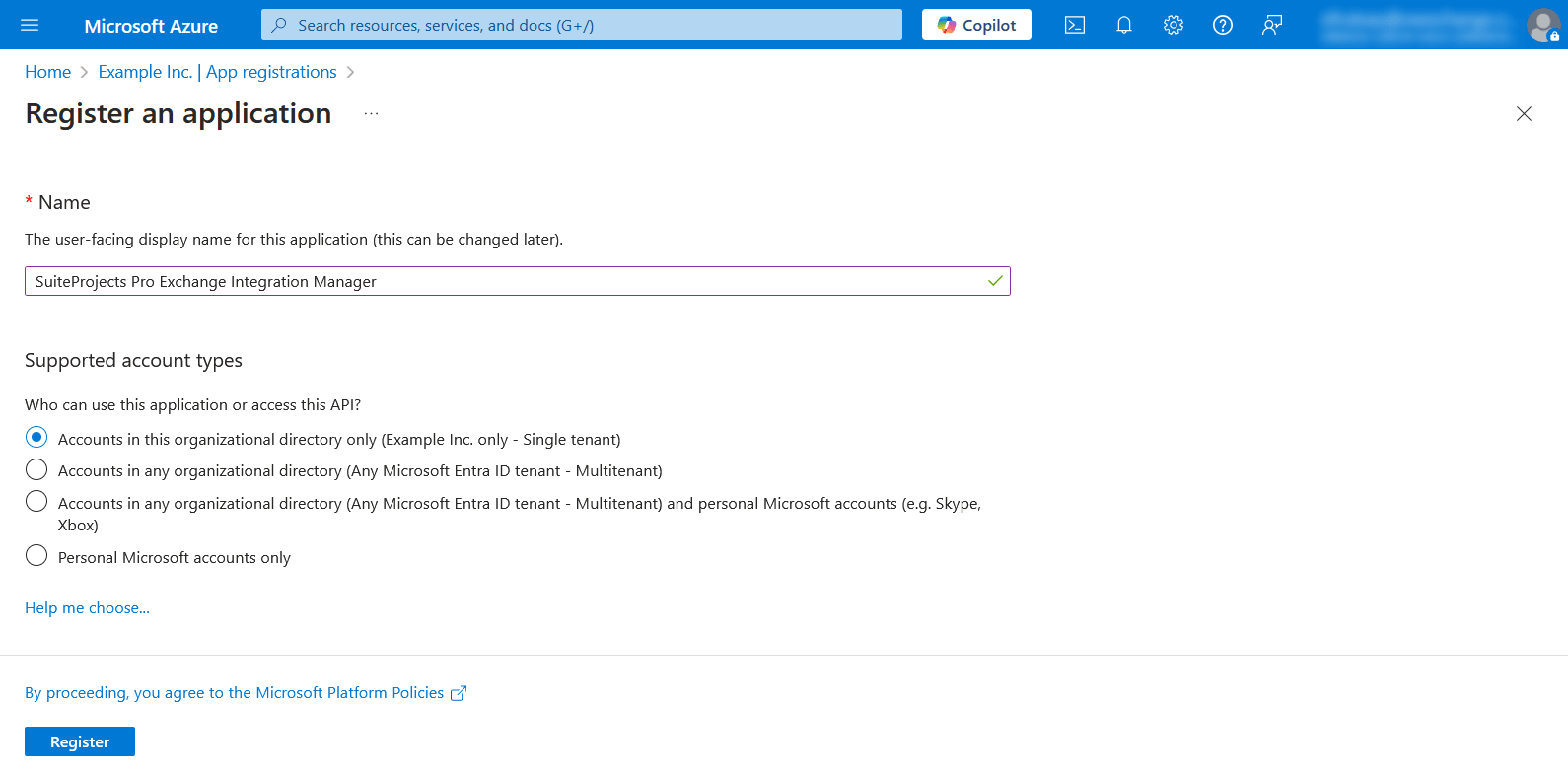 "Register an Application" page in Microsoft Azure.