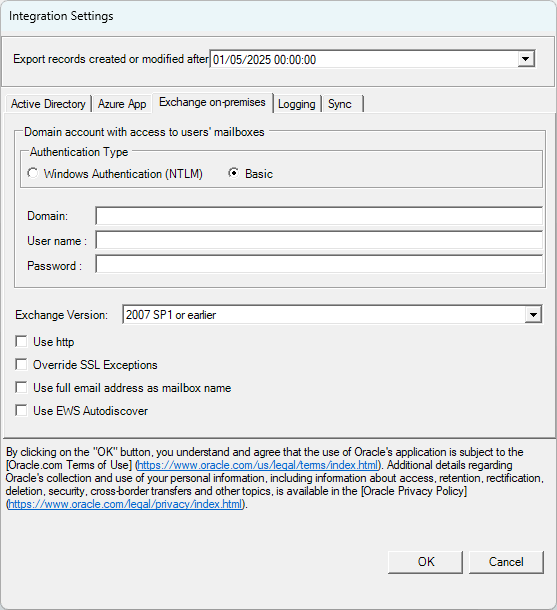Integration Settings Exchange on-premises tab.