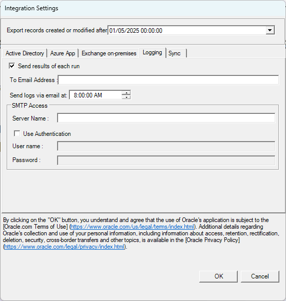 Integration Settings Logging tab.