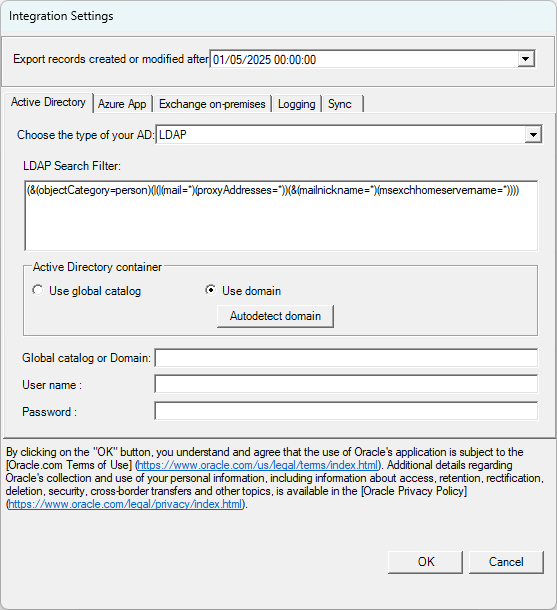Integration Settings Active Directory tab.