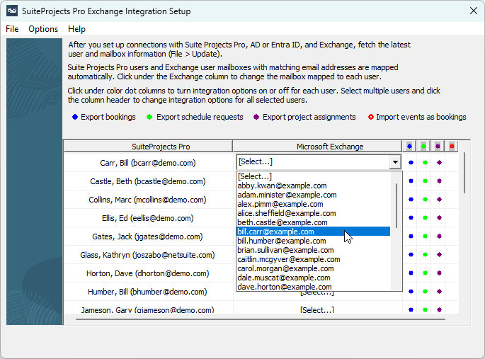 Exchange Integration Manager Setup window showing the Microsoft Exchange user dropdown list.