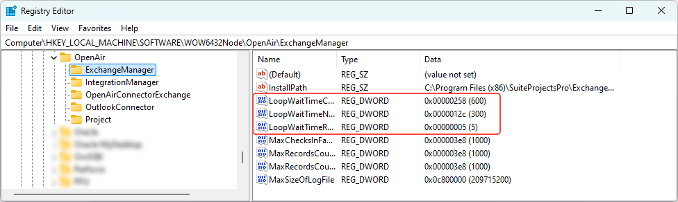 Exchange Integration Manager registry keys in Windows Registry Editor.
