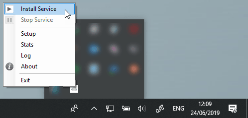 Context menu appearing when you right click the Taskbar System Tray icon for Exchange Integration Engine.