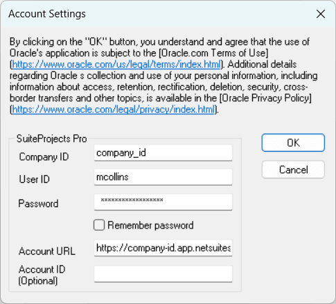 Account Settings window in Integration Manager.