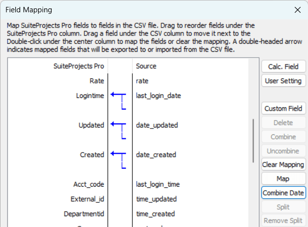Field Mapping window showing incomplete combined date and time fields.