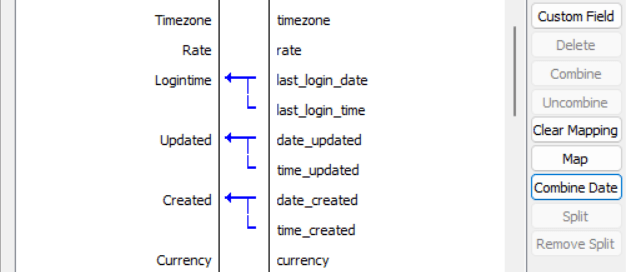 Combined date and time fields on the Field Mapping window.