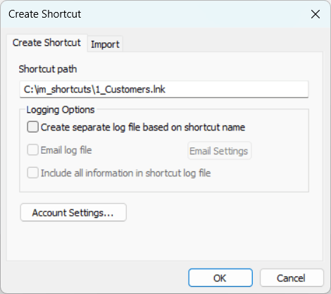 Create Shortcut window in Integration Manager.