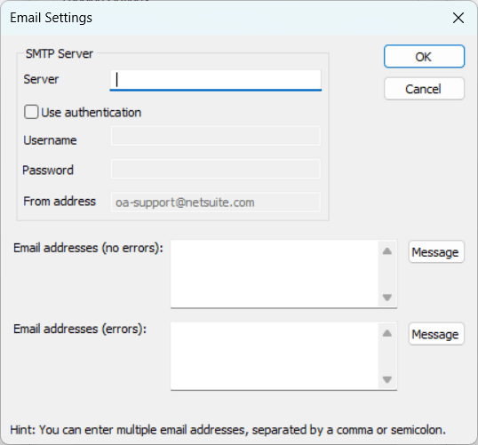 Email Server Settings window in Integration Manager.