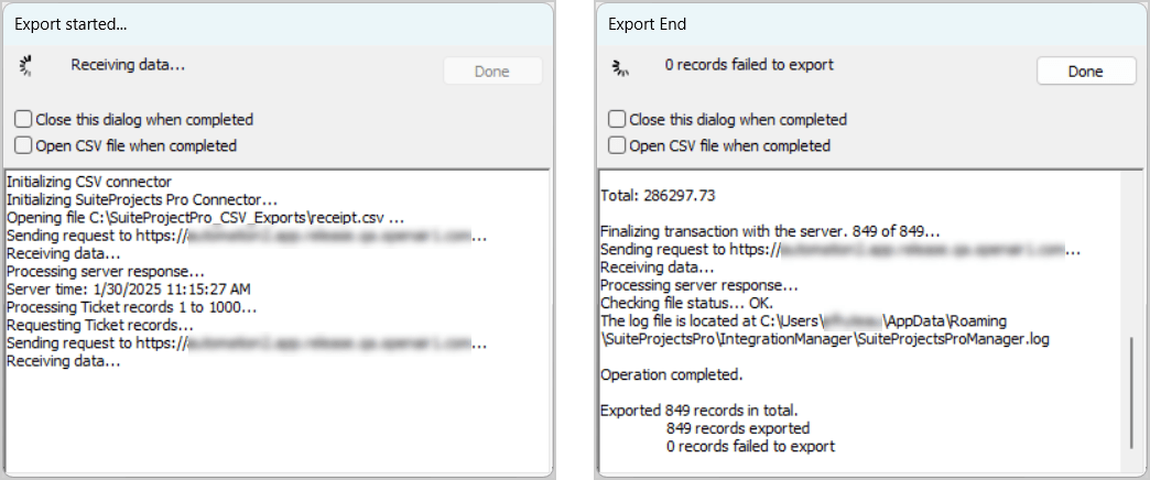 Progress Status windows showing the status of an export at the start (left) and completion (right).