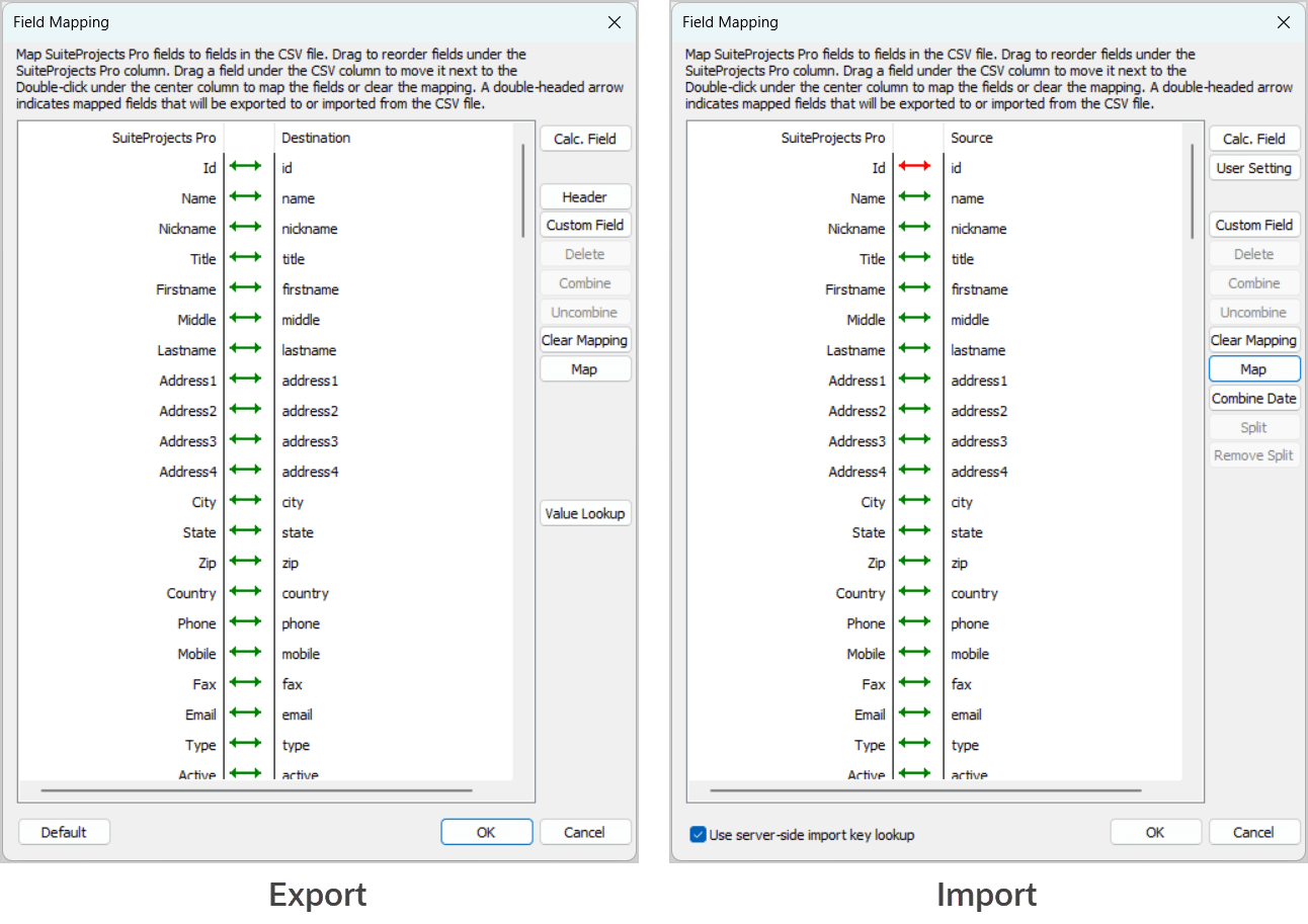 Examples of Field Mapping window for Project export and User import.