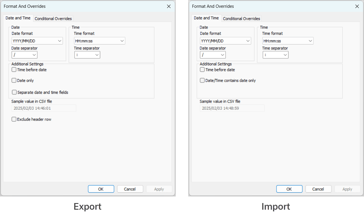 Date and Time Format tab on the Formatting window.
