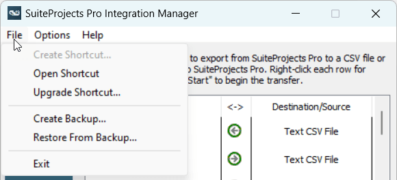 Integration Manager main window showing the File menu.