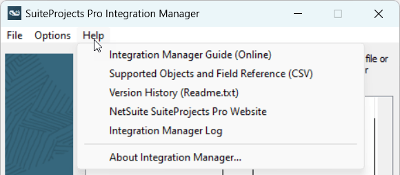 Integration Manager main window showing the Help menu.