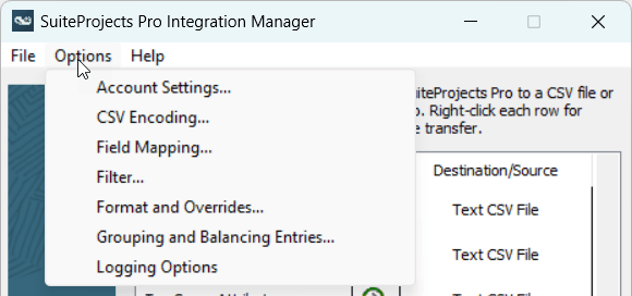 Integration Manager main window showing the Options menu.