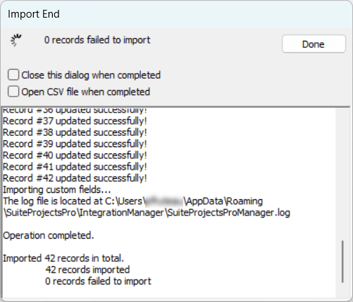 Import progress status window.