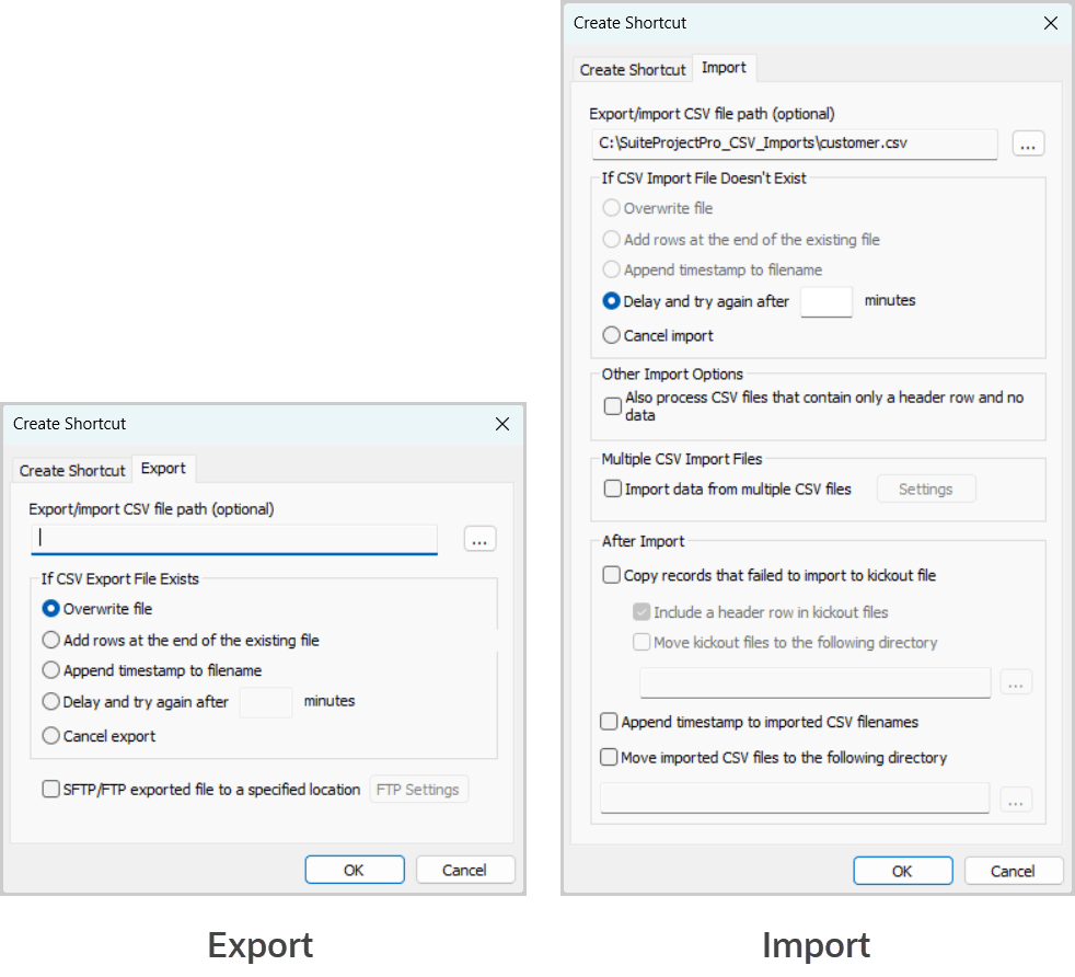 Create Shortcuts Import and Export tab in Integration Manager.