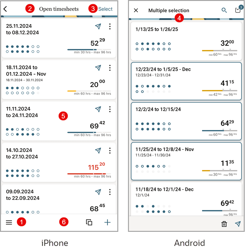 Nanigating timesheets screenshot on iPhone
