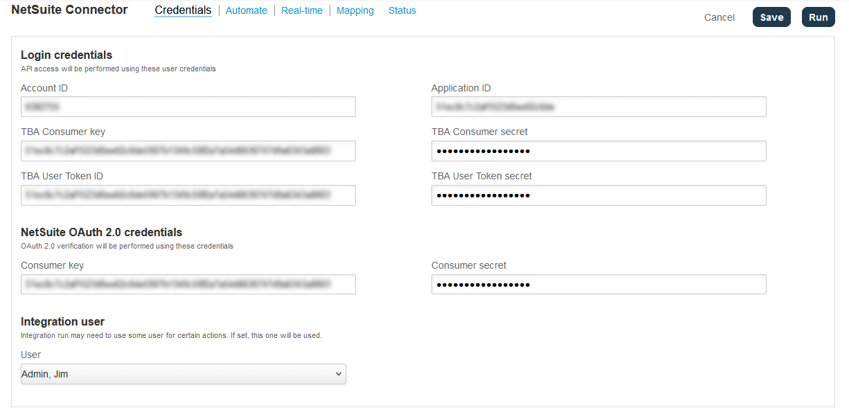 Credentials tab on the NetSuite Connector page.