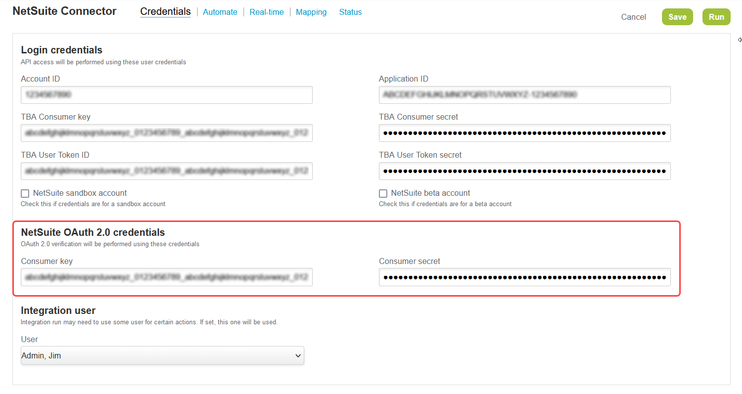 NetSuite Connector credentials page with NetSUIte OAuth 2.0 credentials.
