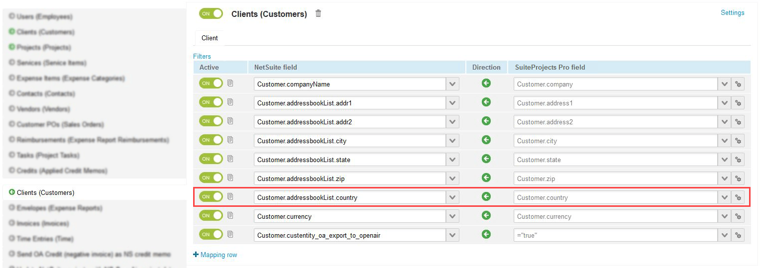 Field mapping definition table for the Customers (Customers) export workflow.