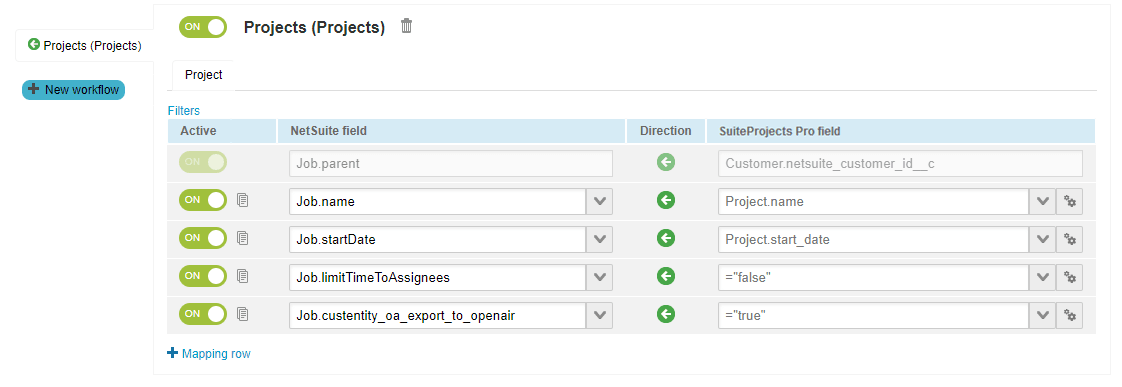 Field mapping definition table for the Projects (Projects) export workflow