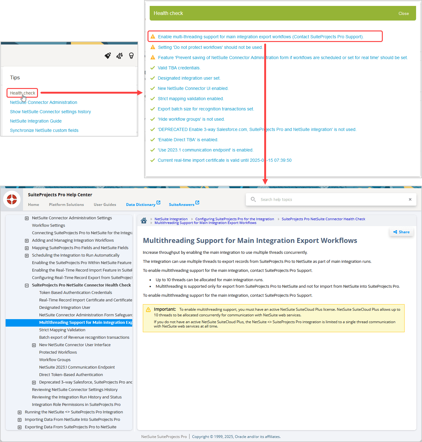 Health Check recommendations link to the relevant help topics in the SuiteProjects Pro Help Center.