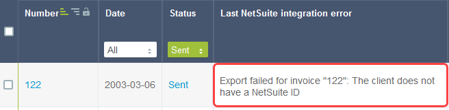 Last NetSuite integration error field on an invoices list.