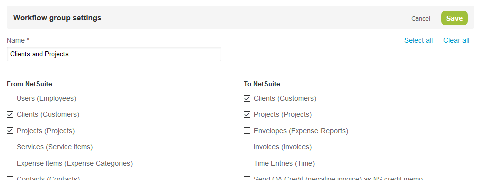 Workflow group settings dialog