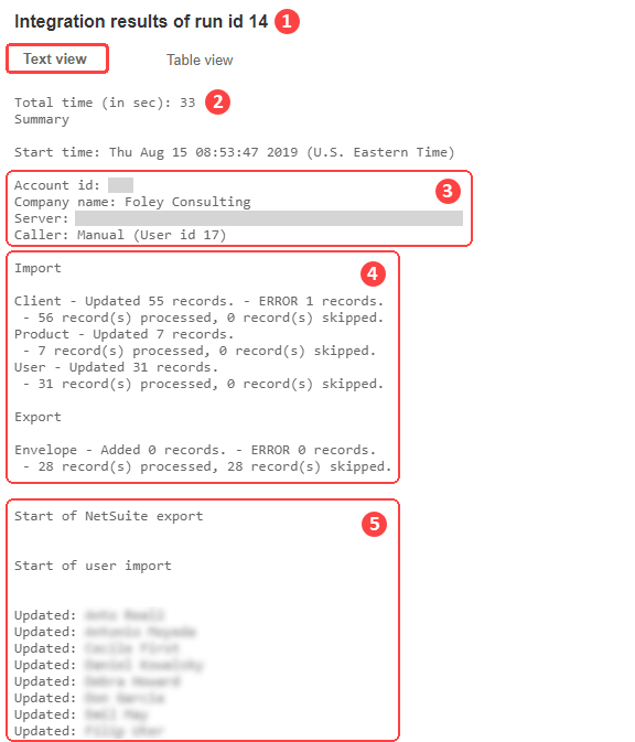 Integration run log text view