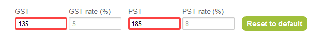 Section of the receipt properties form showing manually entered Canadian tax amounts.