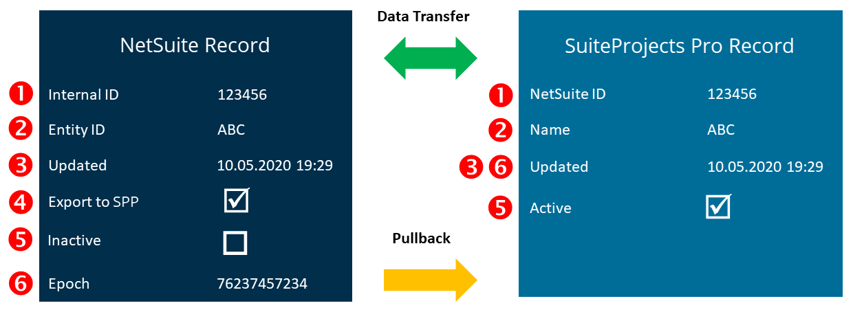 Diagram showing the information to match SuiteProjects Pro and NetSuite records in the integration.