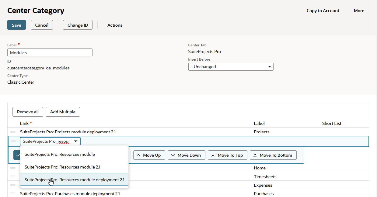 Link selection on the NetSuite center category record for SuiteProjects Pro modules.