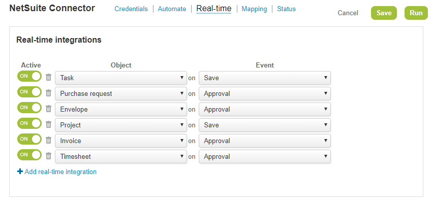Real-time tab on the NetSuite Connector page.