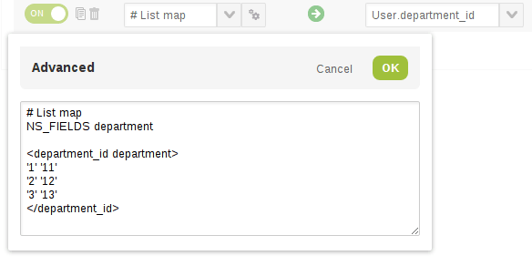 Advanced field mapping definition using a value to value list.