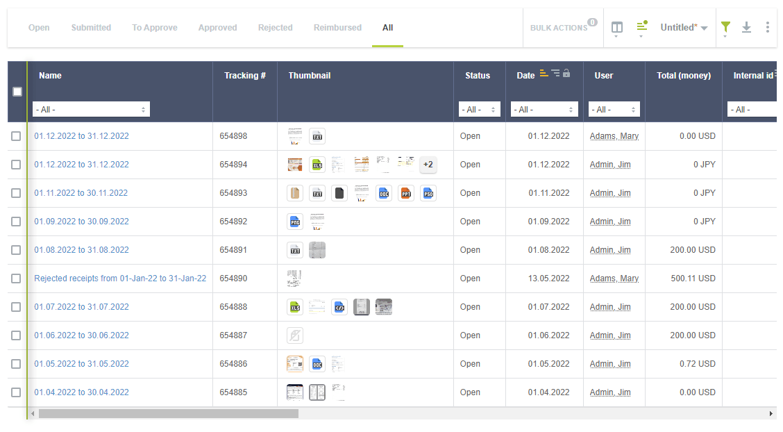 Expense report list showing the thumbnail column.