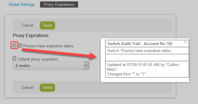 Global settings switch audit trail