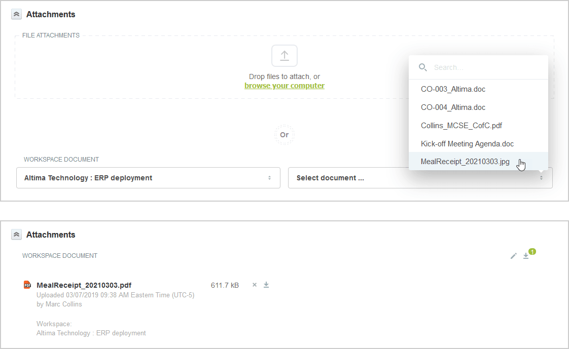 Attachments drag and drop UI showing the selection of a workspace document as attachment.
