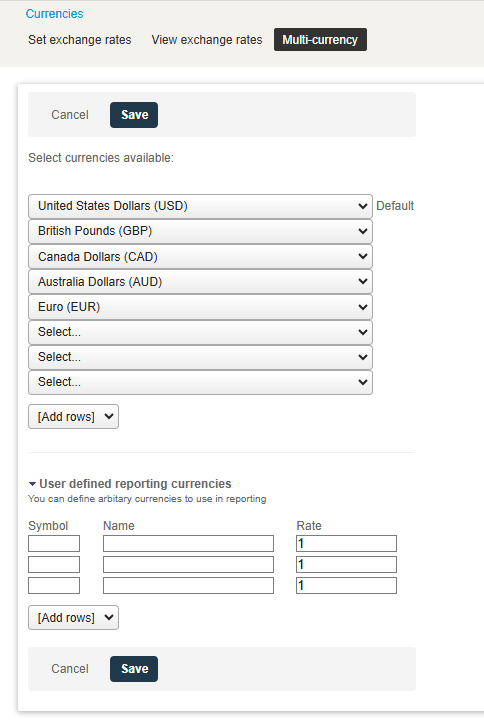 Multicurrency settings form showing the User defined reporting currencies section