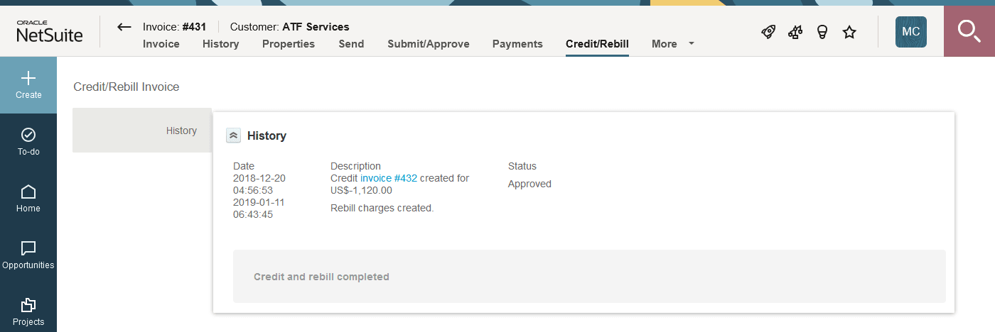Credit / rebill Invoice form