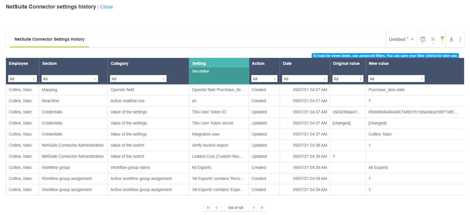 NetSuite Connector settings history list.