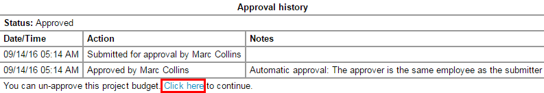 Approval history showing a link to unapprove the budget.