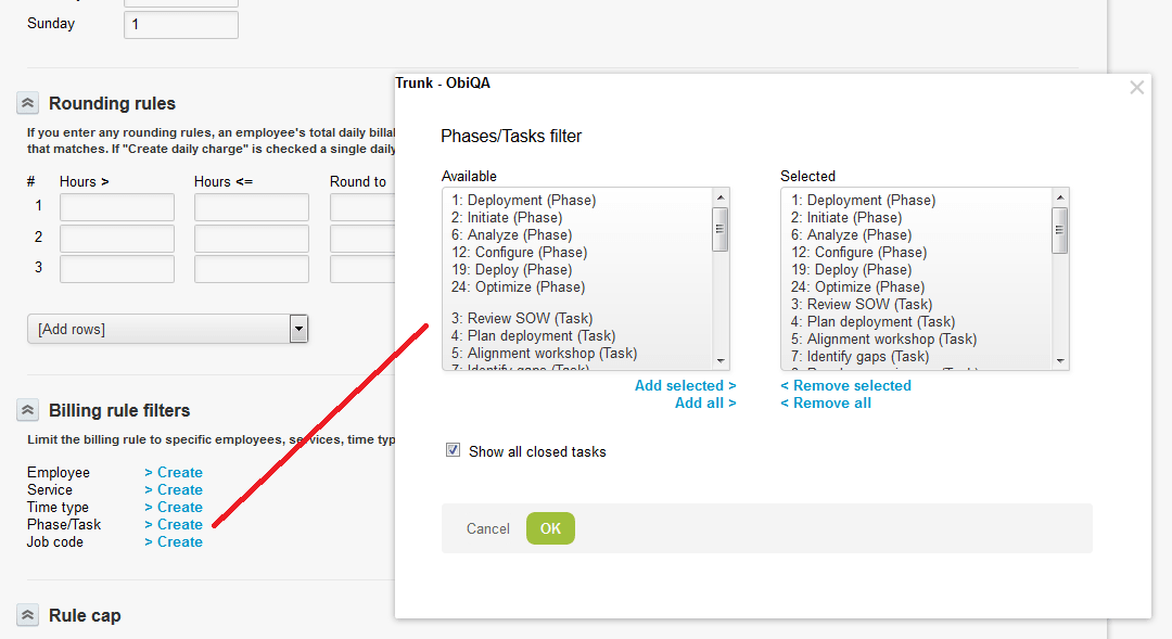 Phase and Task billing rule filter settings.