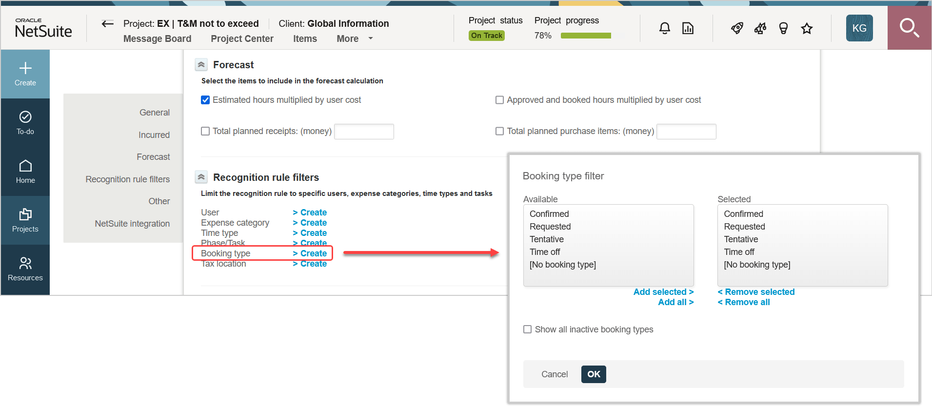 Booking type recognition rule filter settings.